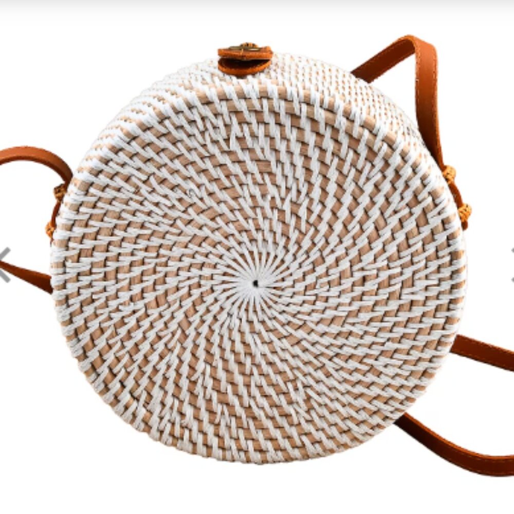 Handmade White Round Shape Rattan Crossbody Bag with Flamingo Printed Motif - Picture 4 of 5